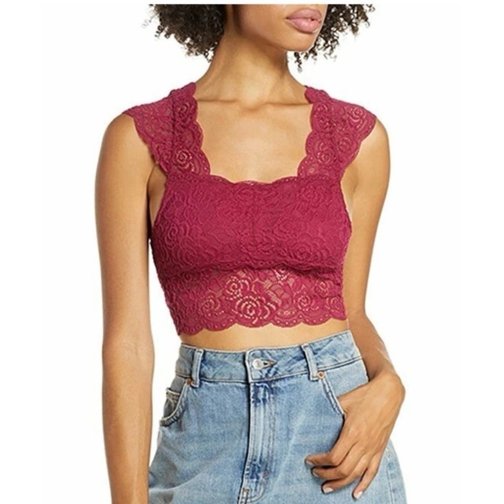 Free People‎ Raspberry Chase Me Lace Brami Bralette Womens Medium Lace No Pads